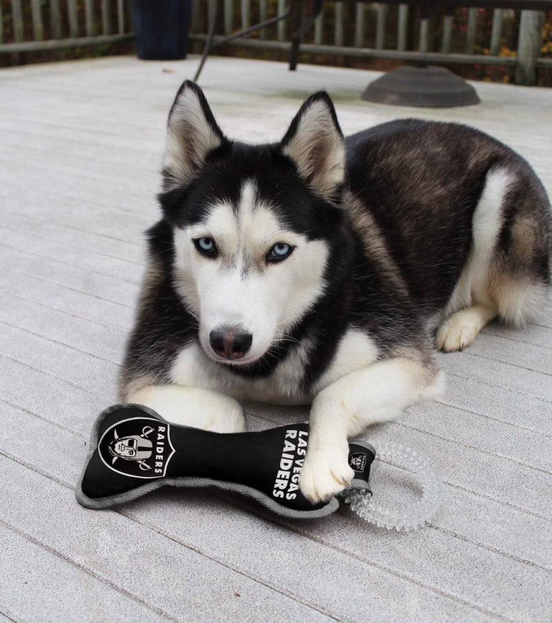Pets First NFL Las Vegas Raiders Football Dental Tough Dog TUG Bone Toy with Built-in Squeaker Attached to a Safe Rubber Teething Toothbrush PET Toy, Team Color, (OAK-3310), 14 x 5 - Image 2